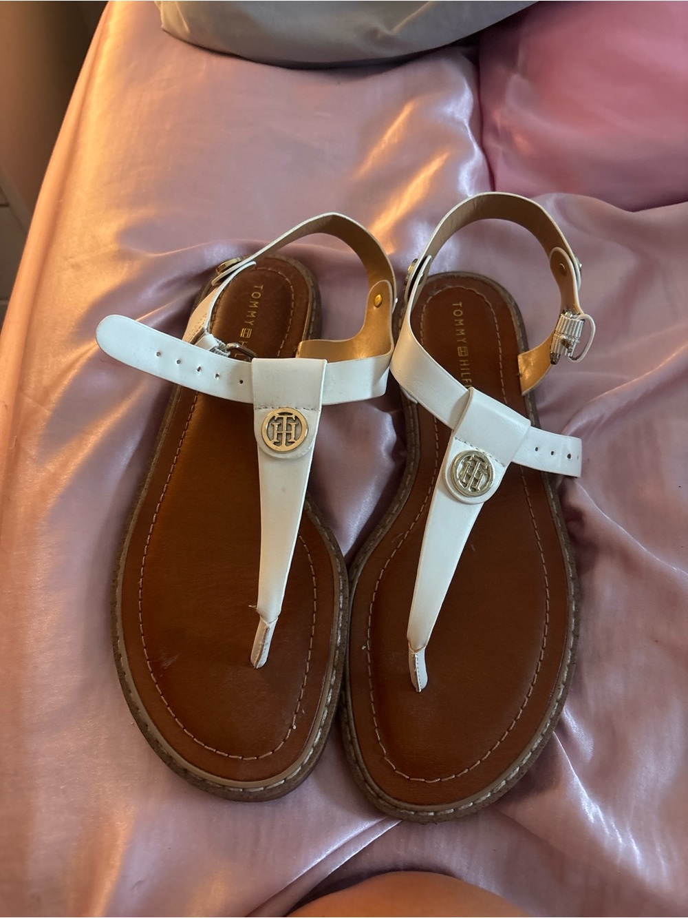Tommy Hilfiger White Leather T-Strap Sandals with Gold Logo worn once